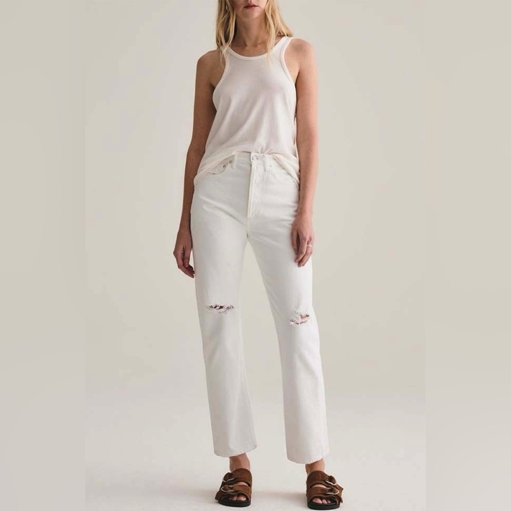 Agolde 90's Mid Rise White Denim Loose Fit Distressed Jeans in Enamel 28